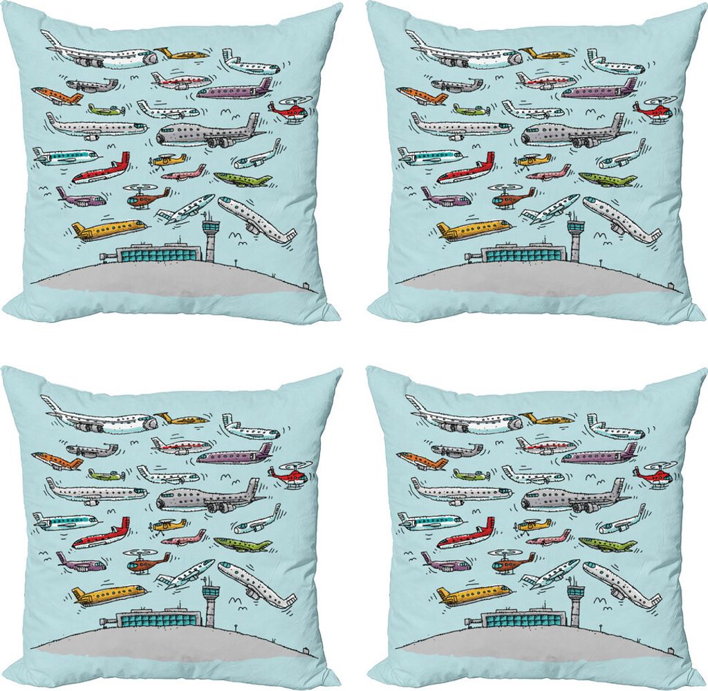 ABAKUHAUS Flugzeug Kissenbezug Set (4 Stück), Flugzeuge Hubschrauber, Moderner Doppelseitiger Digitaldruck, 45 cm x 45 cm, Mehrfarbig