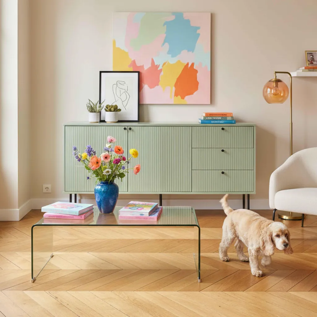 Buffet mélaminé vert sauge 150 cm design scandinave 2 portes Romeo