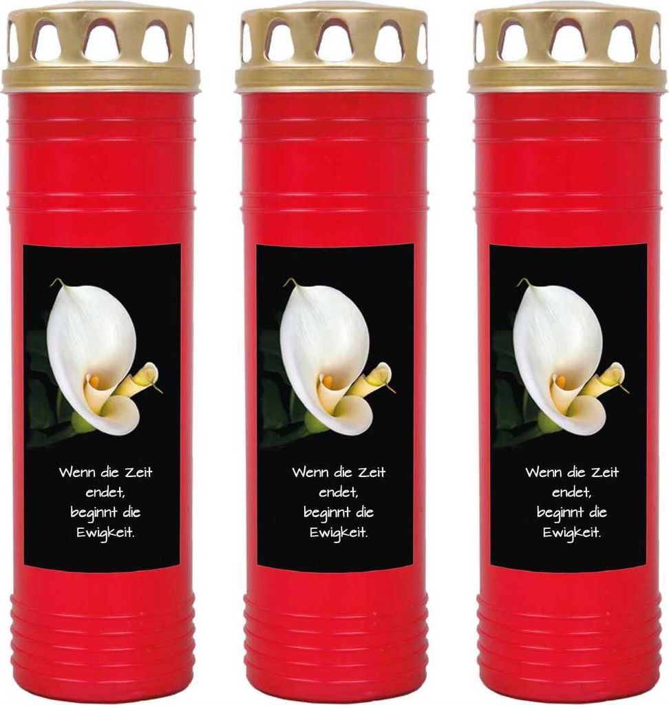 Grabkerze Rot 3er Pack, Brenndauer: 170 Stunden ( je Kerze ), Motiv: Calla