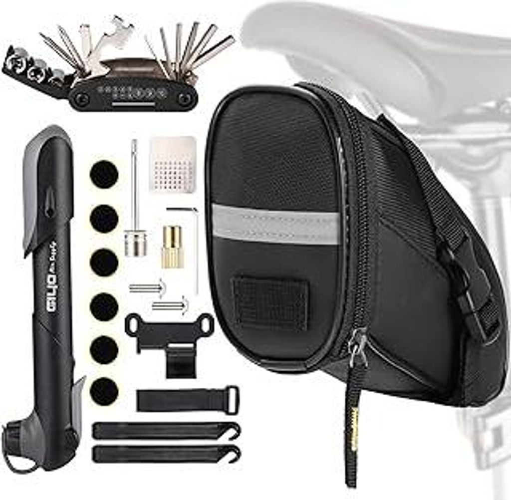 Fahrrad Satteltasche Reparatur Set und Werkzeuge - Unterwegs Fahhradtasche und Notfallwerkzeug Flickzeug mit 16-in-1 Fahrrad Multitools, Fahrradpum...
