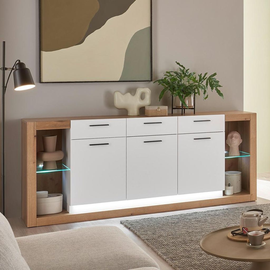 Wohnzimmer-Set mit Vitrinenschränken & Sideboard in Eiche mit weiß matt, inkl. LED Beleuchtung, modern, 3-teilig BELLAGIO-61