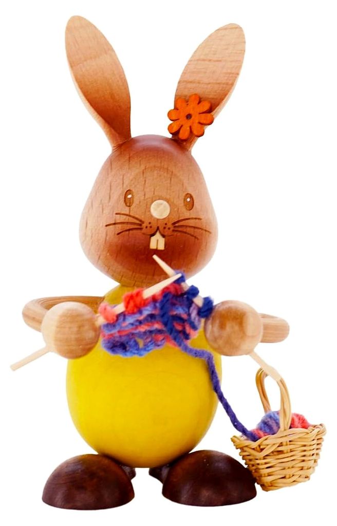 Osterdeko Hase Stupsi mit Strickzeug – Holzfigur – Ostern - Frühjahr - Höhe 11 cm – Handarbeit aus dem Erzgebirge - NEU
