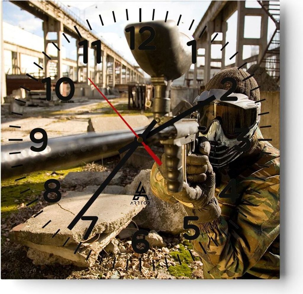 Wanduhr - Quadrat - Glasuhr - Paintball Pistole Spieler - 40x40cm - Schleichendes Uhrwerk - Lautlos - zum Aufhängen bereit - Dekoration Modern - W...