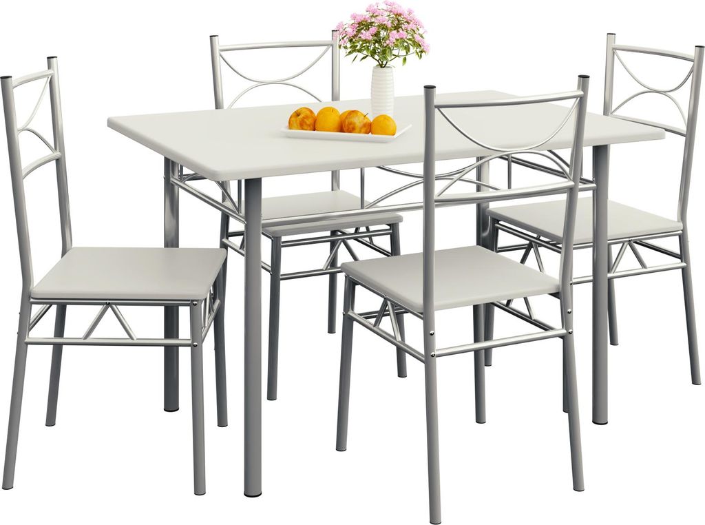 CASARIA Esstisch mit 4 Stühlen Holz 5-tlg Set Metall 110x70cm Industrial Esszimmer Küche Stühle Tisch Möbel Essgruppe Sitzgruppe Paul Weiß