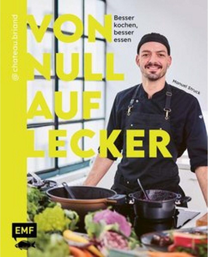 A cookbook cover featuring a chef and ingredients.