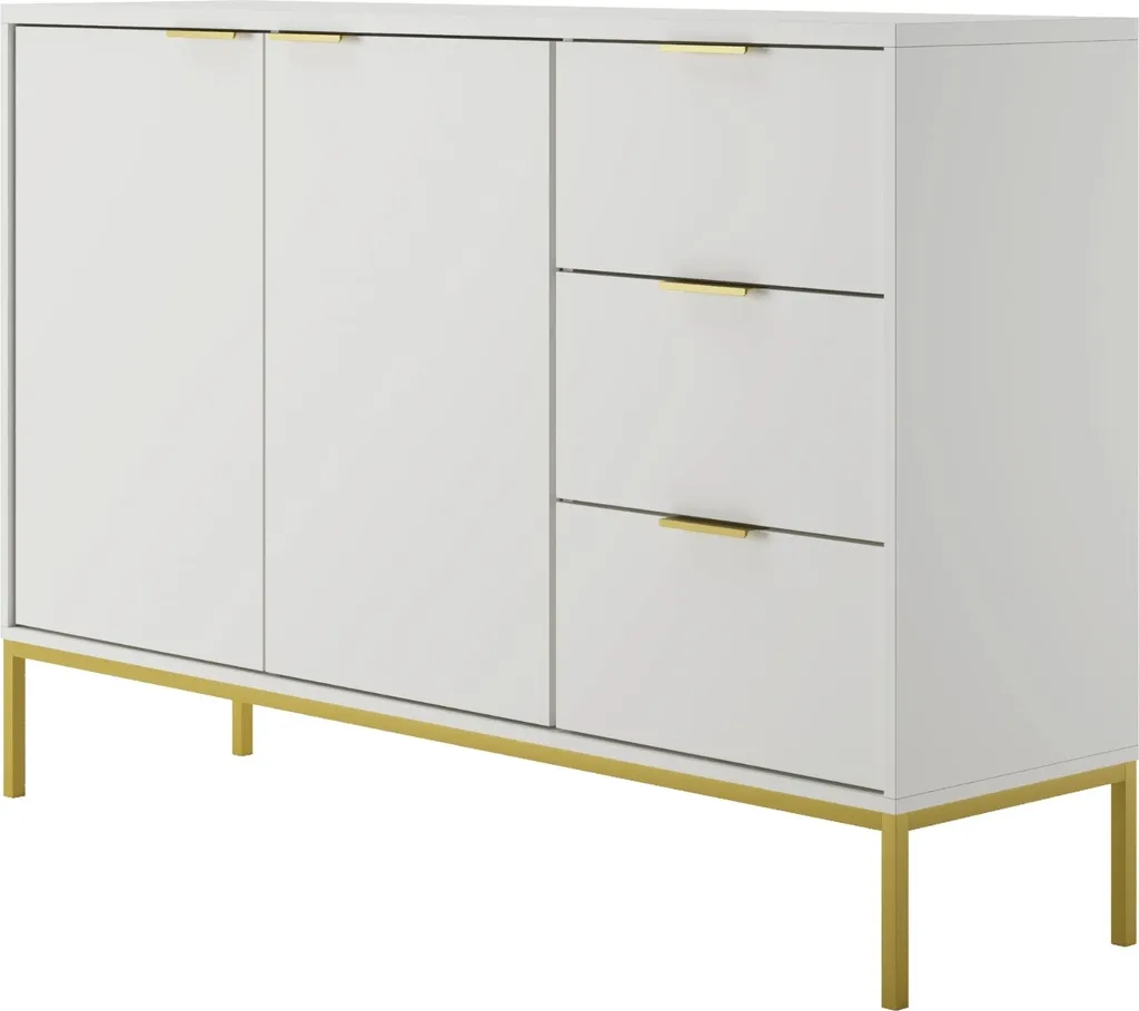 Commode 3 Tiroirs et 2 Armoires, Sideboard Moderne Blanc et Or - Modèle Luxe