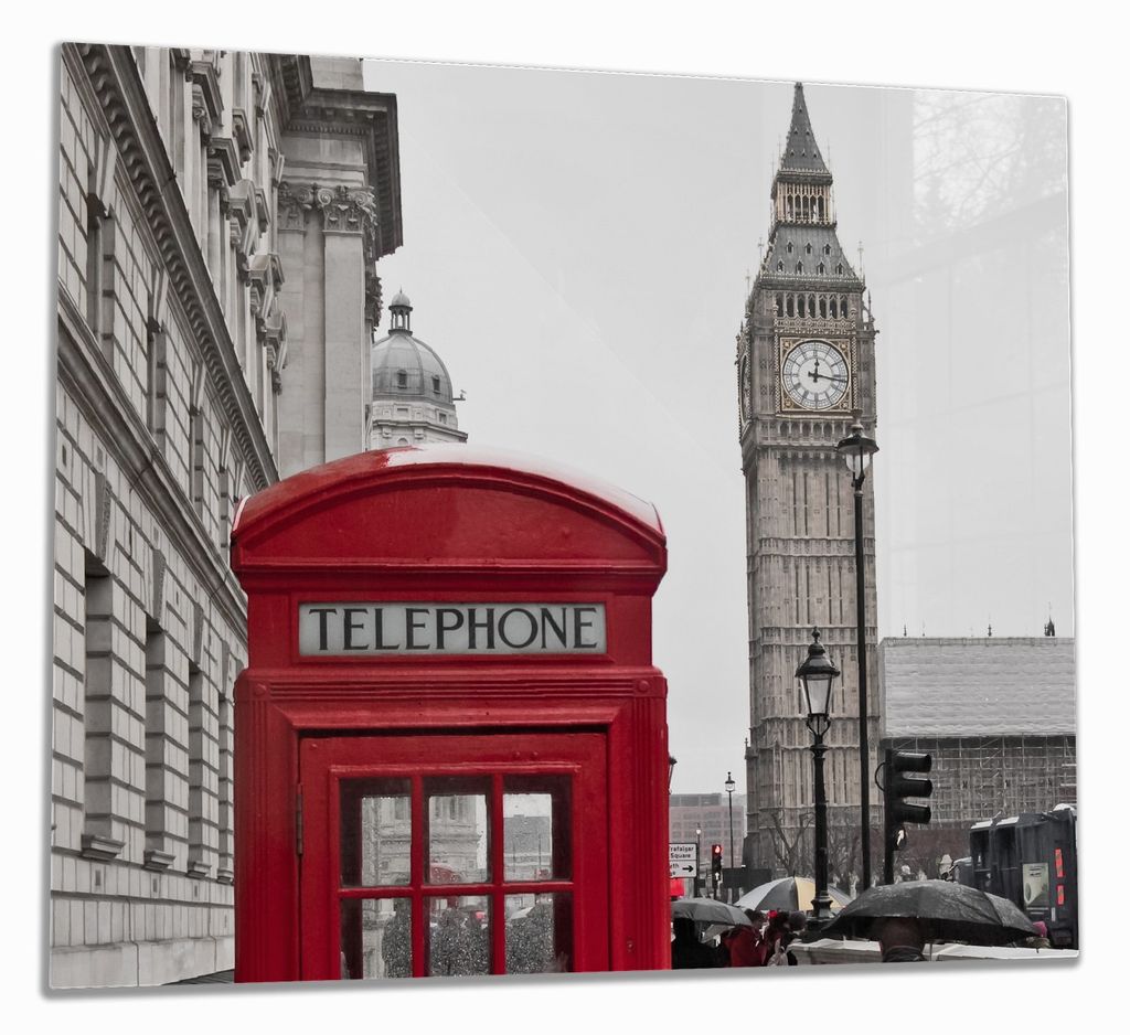 Wallario Herdabdeckplatte aus Glas, Größe 60 x 52 cm 1-teilig, Motiv Rote Telefonzelle in London England mit Big Ben