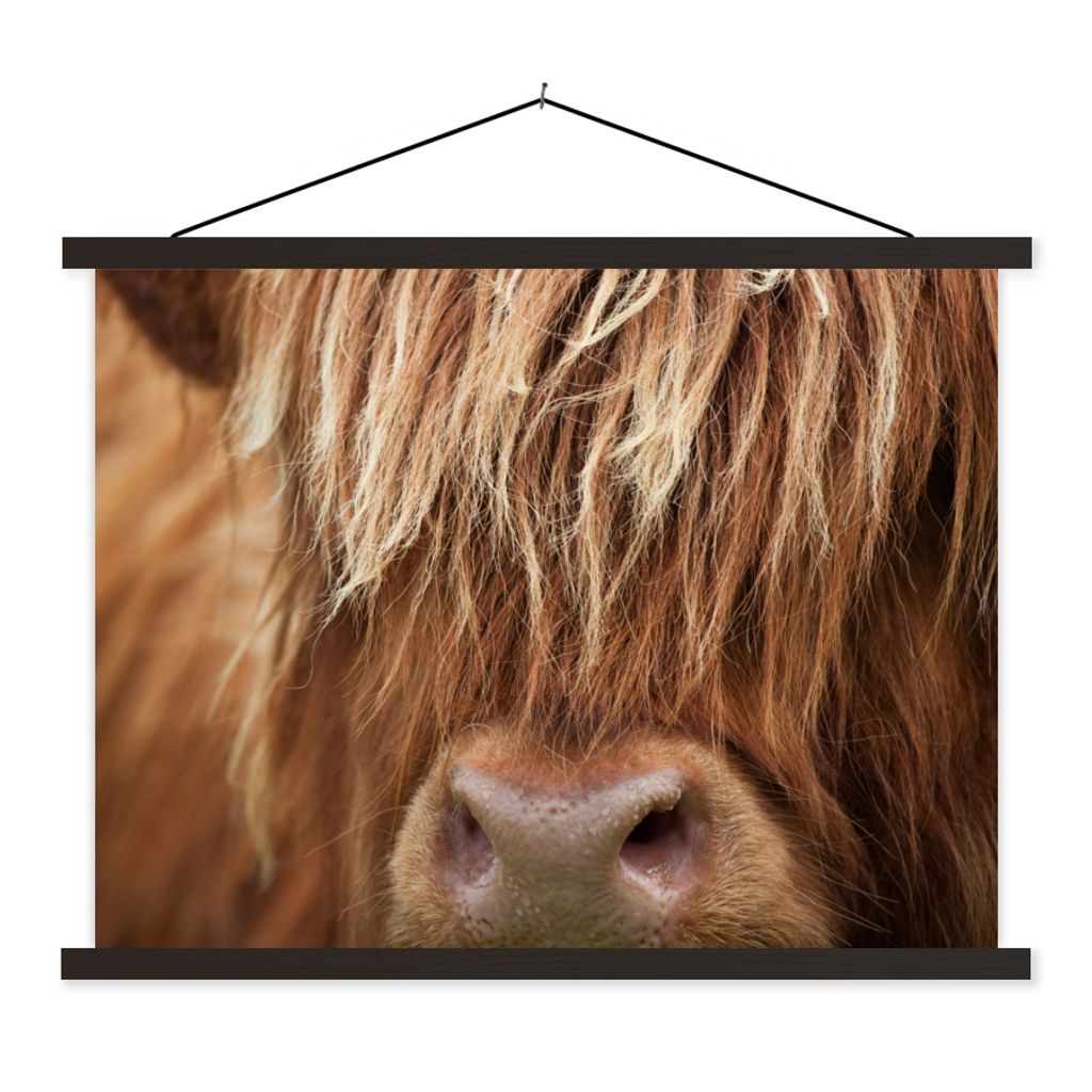MuchoWow Textilposter Schottischer Highlander - Nase - Haare 120x90 cm mit schwarzem Rahmen - Aufhänger für Poster