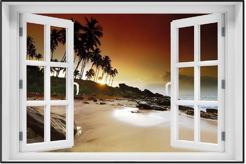 Wallario Wandbild mit Fenster-Illusion: Sri Lanka - Palmenstrand mit Sonnenuntergang, Größe: 61 x 91,5 cm, Poster mit schwarzem Aluminiumrahmen