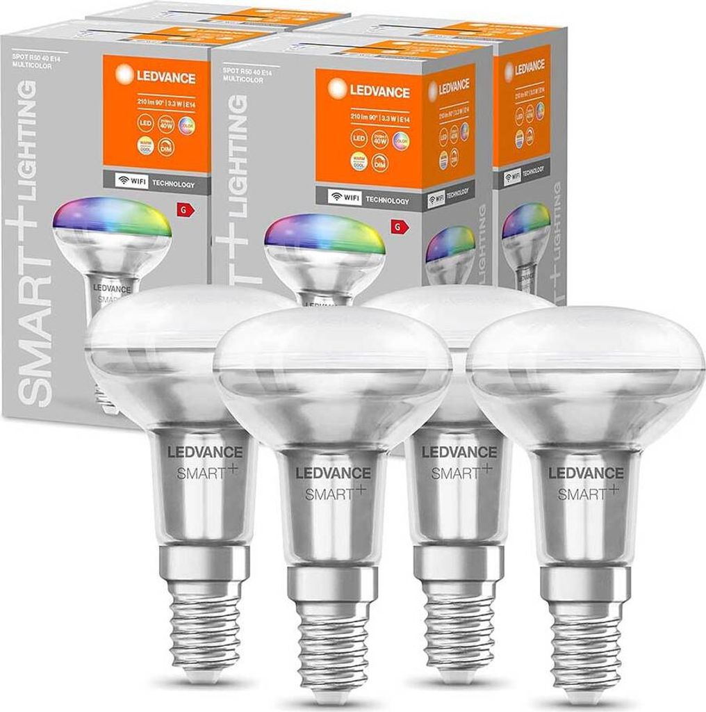 4 x Ledvance LED Smart+ R50 Reflektor 3,3W = 40W E14 matt 210lm RGBTW 2700K-6500K Dimmbar App Google Alexa WiFi