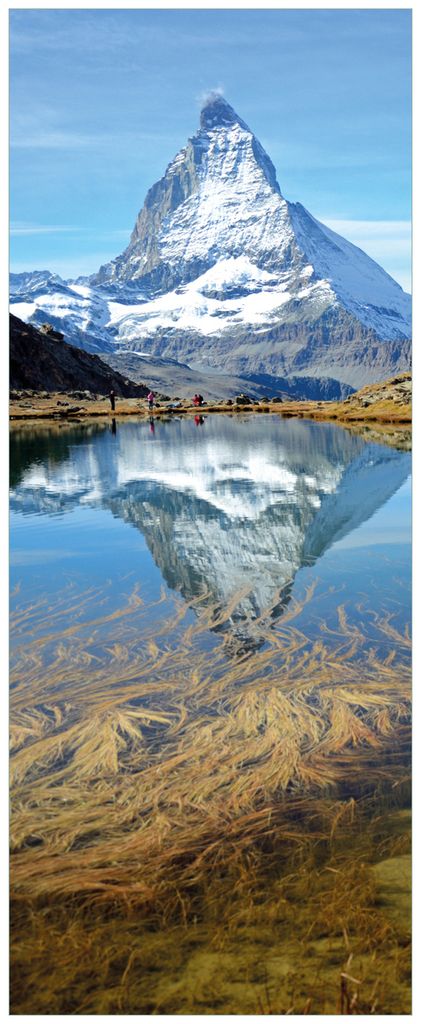 Wallario Premium Glasbild, freischwebende Optik, kräftige Farben, Größe 80 x 32 cm Motiv Matterhorn - Spiegelung im See
