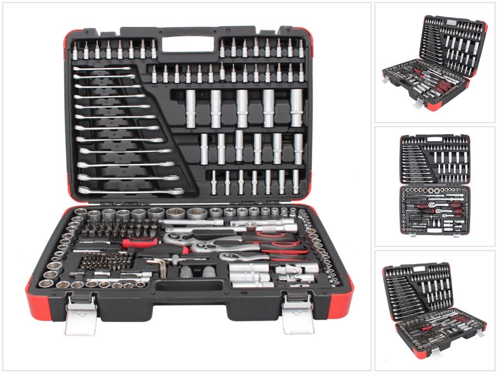 A collage of images showing a red and black tool kit with various tools inside.