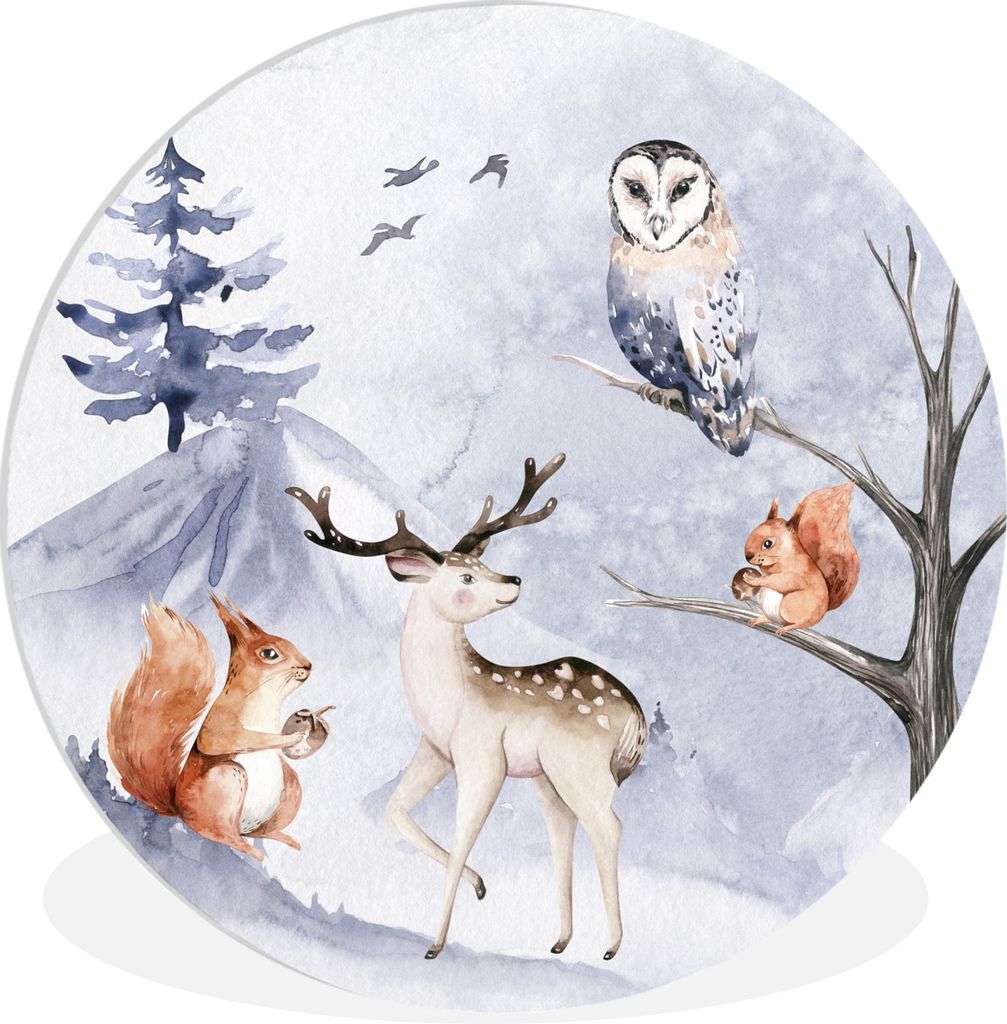 MuchoWow Rundes Wandbild - Runde Bilder Winter - Hirsch - Eichhörnchen - Baum Ø 60 cm Kreis Wanddekoration Kunststoff - Wandkreis - Wandschmuck...