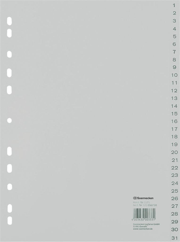 Register 1525 DIN A4 1-31 volle Höhe PP grau Packung mit 10 Stück