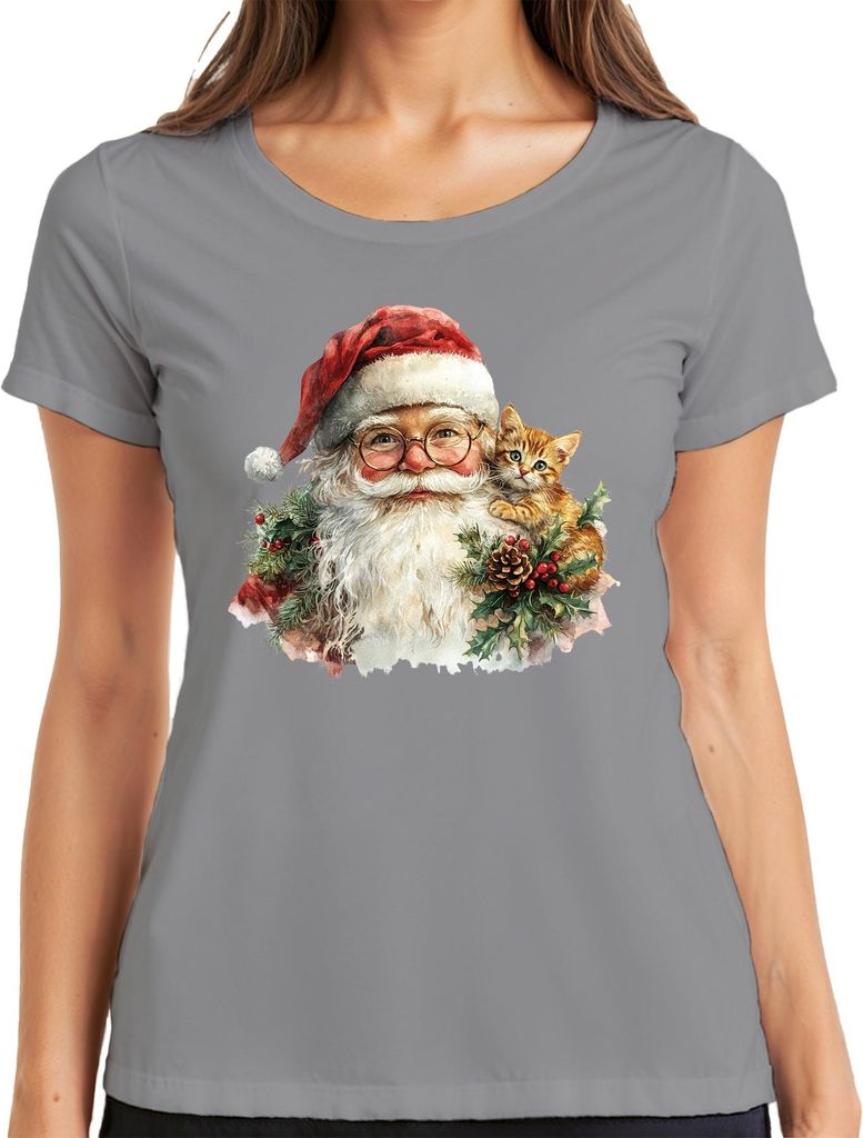 Weihnachtsmann Kätzchen Stechpalme Tannenzweig Zapfen Weihnachten Damen T-Shirt, Grau, S