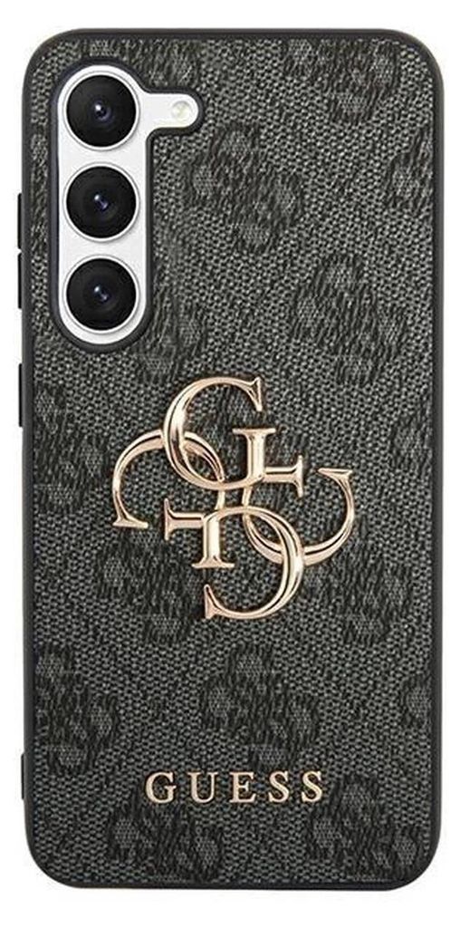 A close-up studio shot of a phone case with a Guess logo.