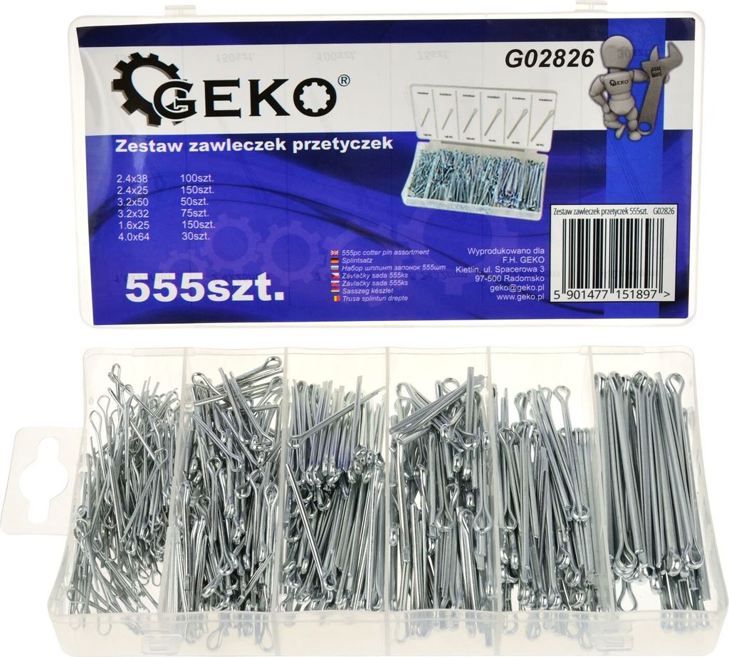 GEKO G02826 Set mit 555 Stück Splintbolzen und Steckbolzen aus Edelstahl