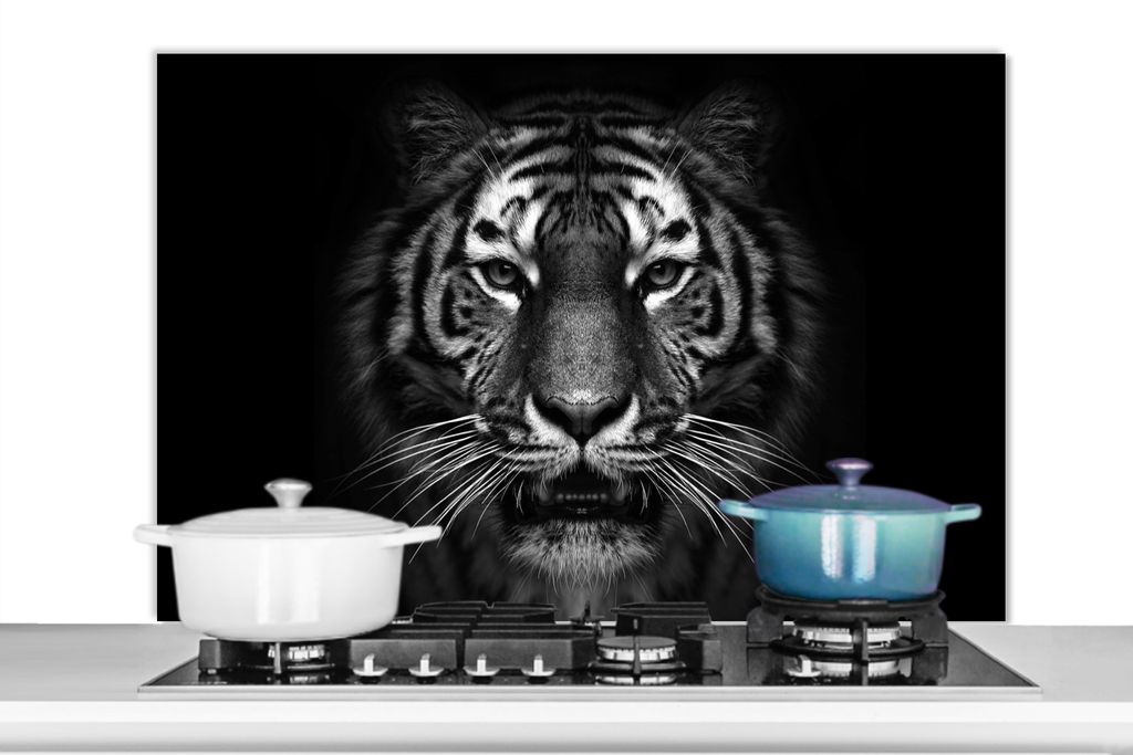 KitchenYeah Spritzschutz Küche - Küchenrückwand - Wandschutz für Herd und Spüle - Tiger - Tiere - Schwarz - Weiß - Porträt - Wild 100x65 -...