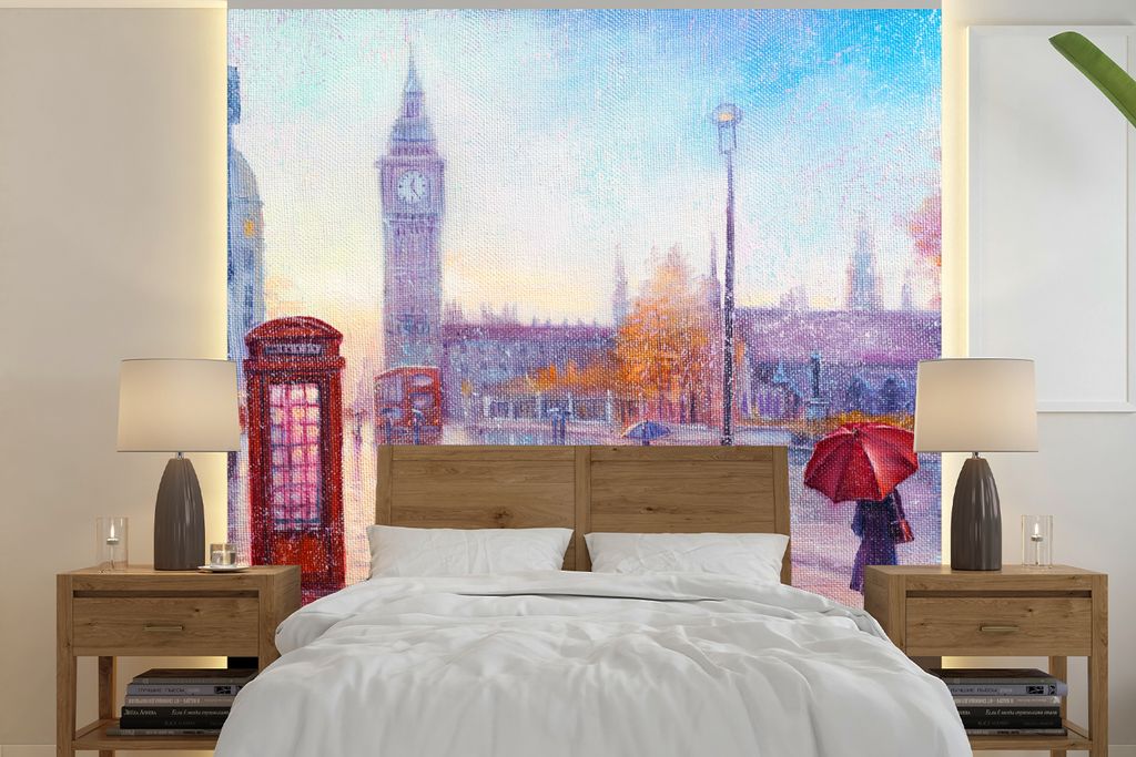 MuchoWow Fototapete für Wohnzimmer oder Schlafzimmer Wandtapete Vinyl Motivtapete Malerei - Ölgemälde - London - Telefon - 350x350 cm - Schlaf...