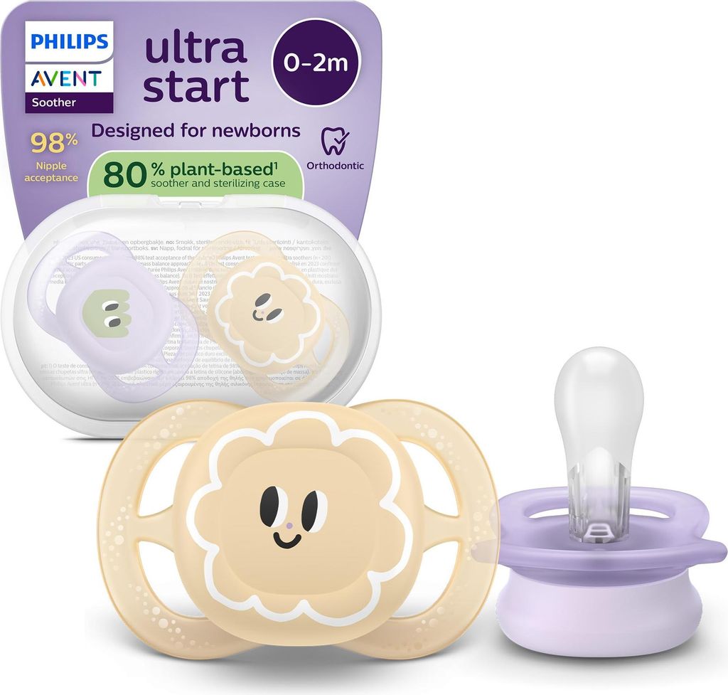 Philips Avent ultra start Schnuller – kiefergerecht geformtes Design, für Neugeborene, weicher, symmetrischer Silikonsauger, BPA-frei, mit Steri...
