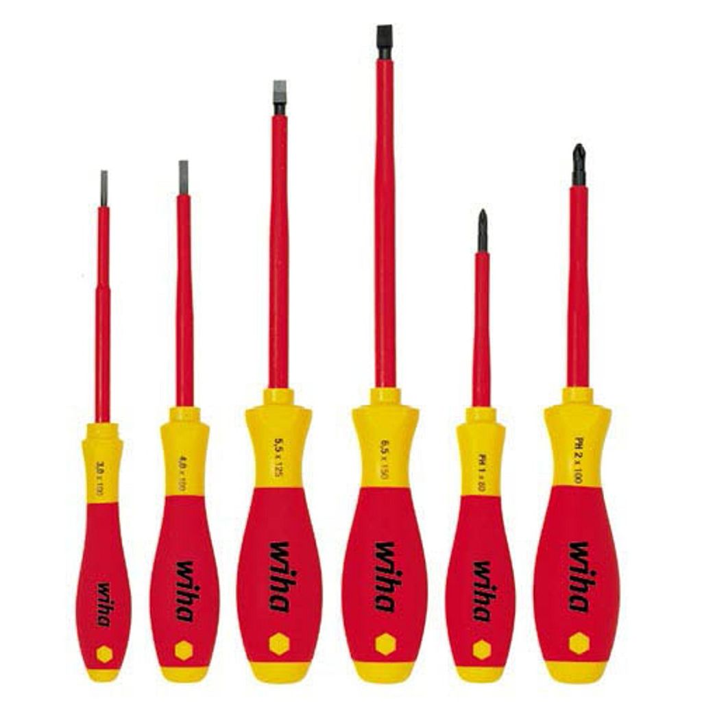 A set of six screwdrivers with red and yellow handles, arranged in a row against a white background.