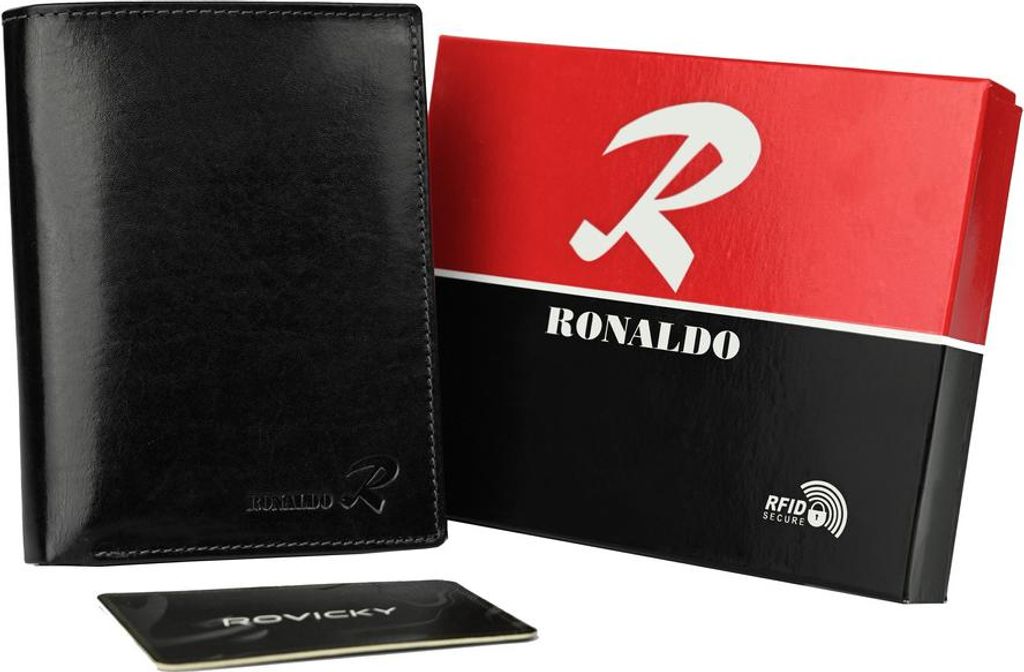Ronaldo | Geräumige vertikale Herrengeldbörse, aus glänzendem echtem Leder, Schwarz, 10x13 cm