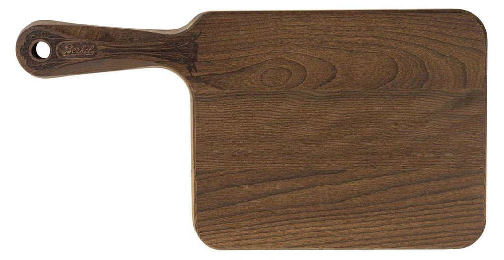 A wooden cutting board with a handle is shown against a white background.