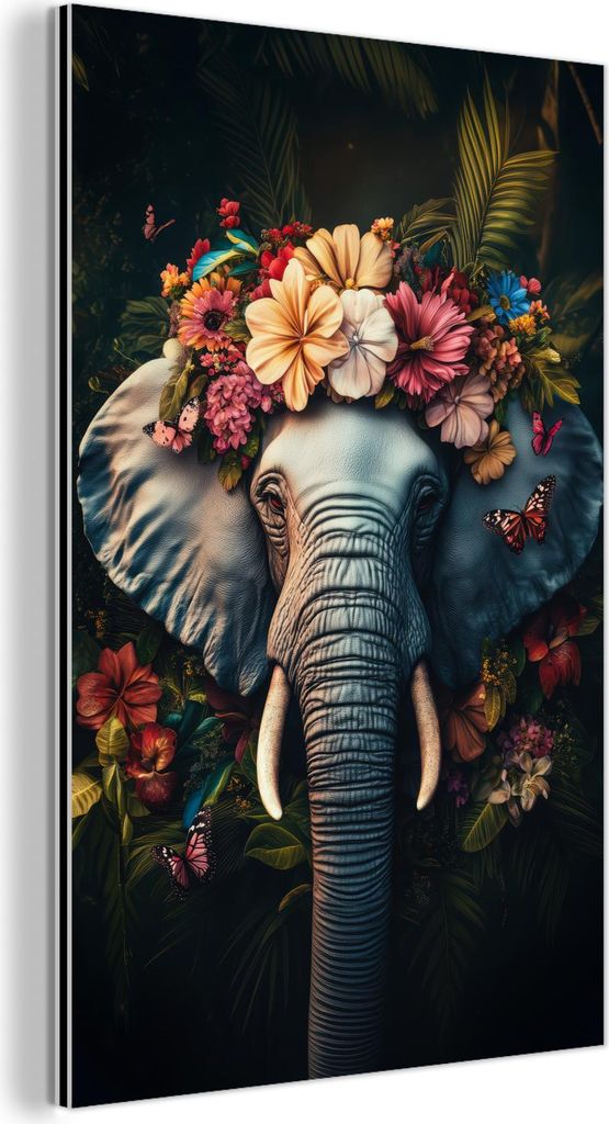 MuchoWow Wanddekoration Metall Metallbild Wandkunst 20x30 cm Elefant - Tiere - Blumen - Natur MuchoWow Aluminium Gemälde - Alu Dibond Bild