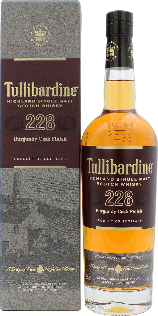 A bottle of Tullibardine Burgundy Cask Finish Highland Single Malt Scotch Whisky next to its packaging.