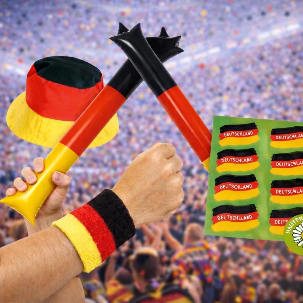 Fan Set, 4-tlg. Deutschland Fischerhut, Schweißband, Air-Sticks, Tattoos, EM WM Fußballparty Germany Fanartikel