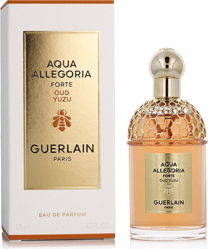 A product shot of Guerlain Aqua Allegoria Forte Oud Yuzu Eau de Parfum and its packaging.