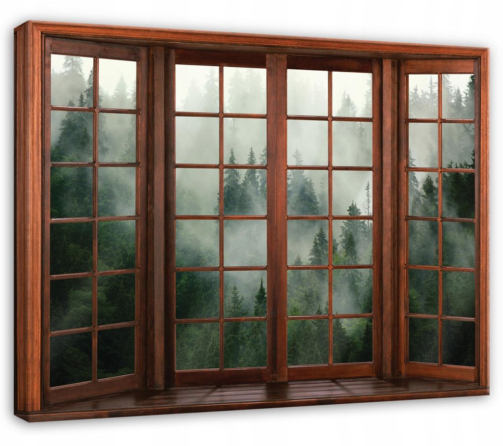 Leinwandbild 3D-Fenster Wald im Nebel Natur - 100x70 cm - Wandbilder Wohnzimmer Schlafzimmer - Leinwand Leinwandbild Grün - PP14206O1