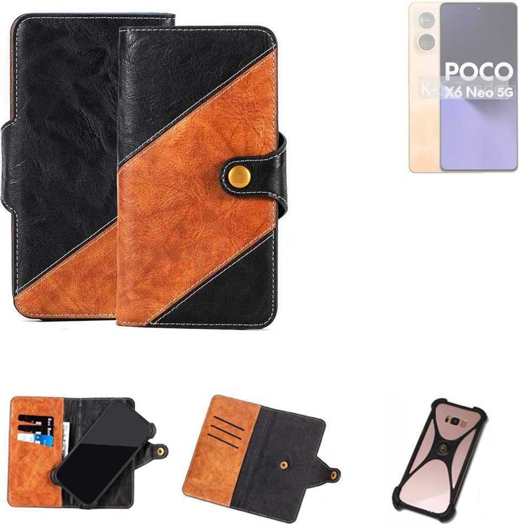 K-S-Trade Handyhülle Schutzhülle Bookstyle Case Wallet-Case kompatibel mit POCO X6 Neo Handy Cover Bumper Klapphülle schwarz hellbraun 1x