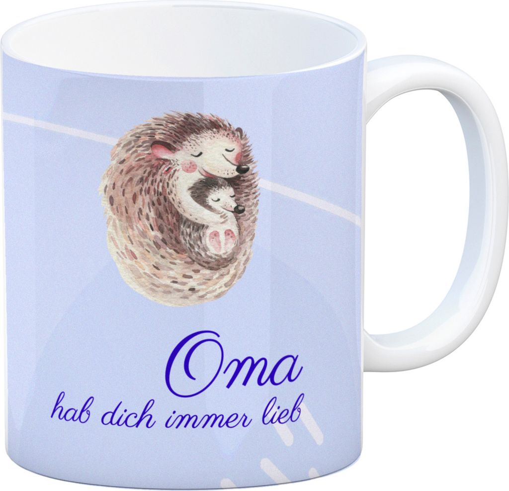 Oma hab dich immer lieb Kaffeebecher mit niedlichem Igel in blau