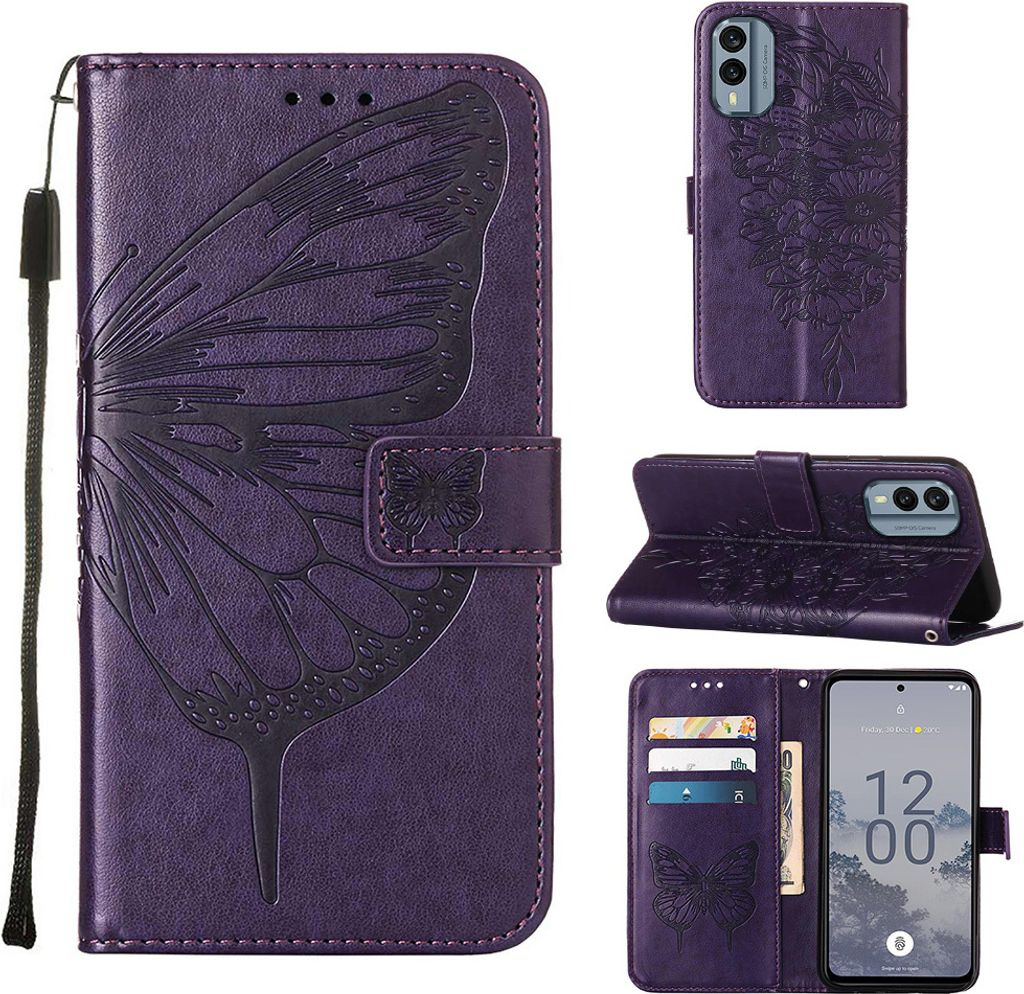 Lederhülle für Nokia X30 Schmetterling Prägung Flip Ledertasche Kartenfächer Handyhülle mit Ständer Lila