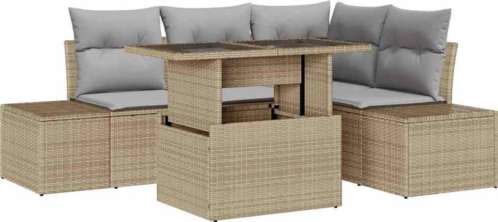 Gartensofa-set mit Kissen mit Speicher 5 pcs Beige Poly-Rattan