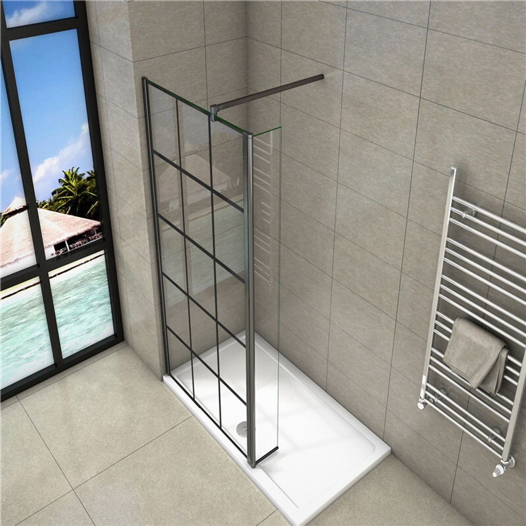 B.140x200cm 8mm NANO Glas Walk in schwarz Duschabtrennung Duschwand badezimmer mit 40x200cm Flipper Panel+90cm Stabilisator 1