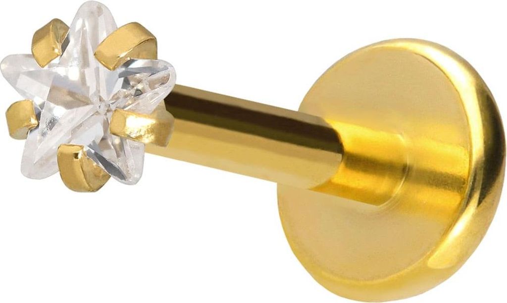 Ohrpiercing, Nasenpiercing Titan Labret mit Push Fit KRISTALLSTERN Gold Stablänge: 9mm | Stabstärke: 1mm