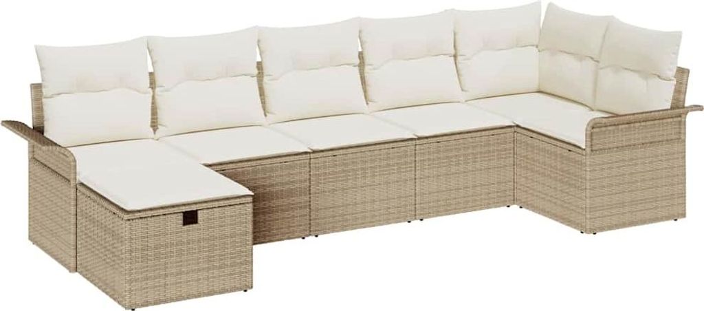 vidaXL Garten-Sofa-Set mit Kissen mit Speicher 7 pcs Beige Poly Rattan
