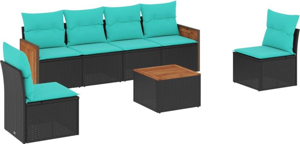7-teiliges Gartensofa-Set mit Kissen, schwarzes Polyrattan