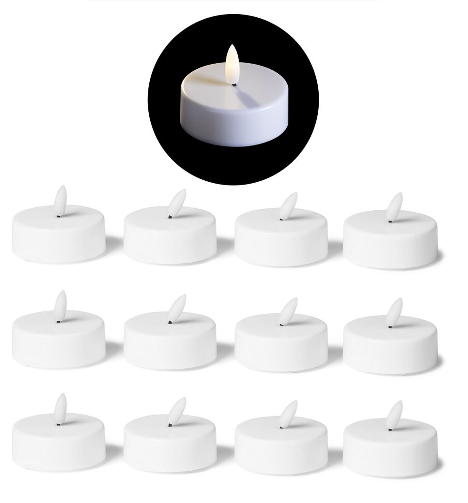 LED Teelicht groß mit Timer - 12er Set Warmweiß LED Kerze 3D Flamme flackernd - LED Teelicht groß 5,8cm Weiß Kunststoff 1x Batterie CR2032 ben...