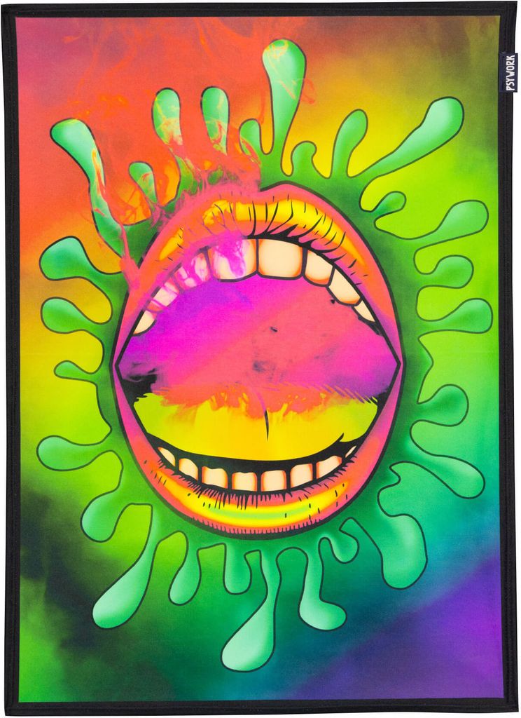 PSYWORK Schwarzlicht Stoffposter Neon "Smoking Lips", 0,5x0,7m
