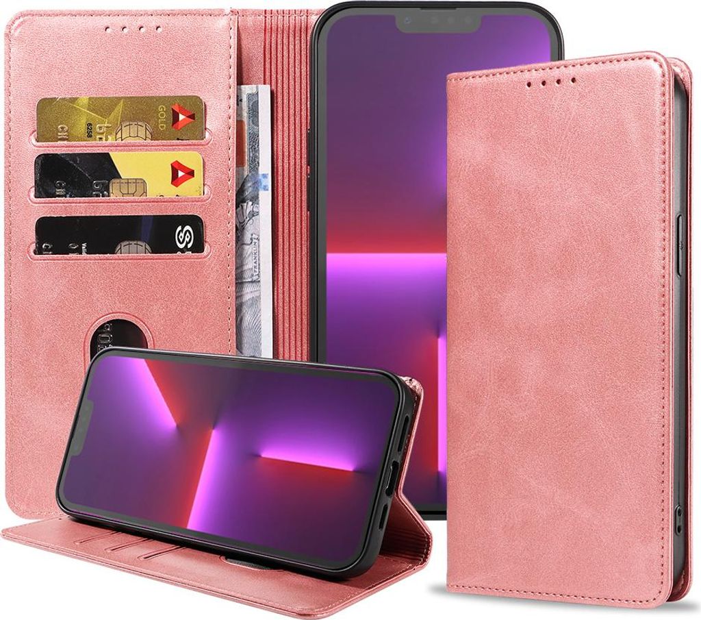 Smartphonica iPhone 13 Pro Kunstledertasche mit Magnetverschluss und Kartenhaltern Buchhülle - Rosa
