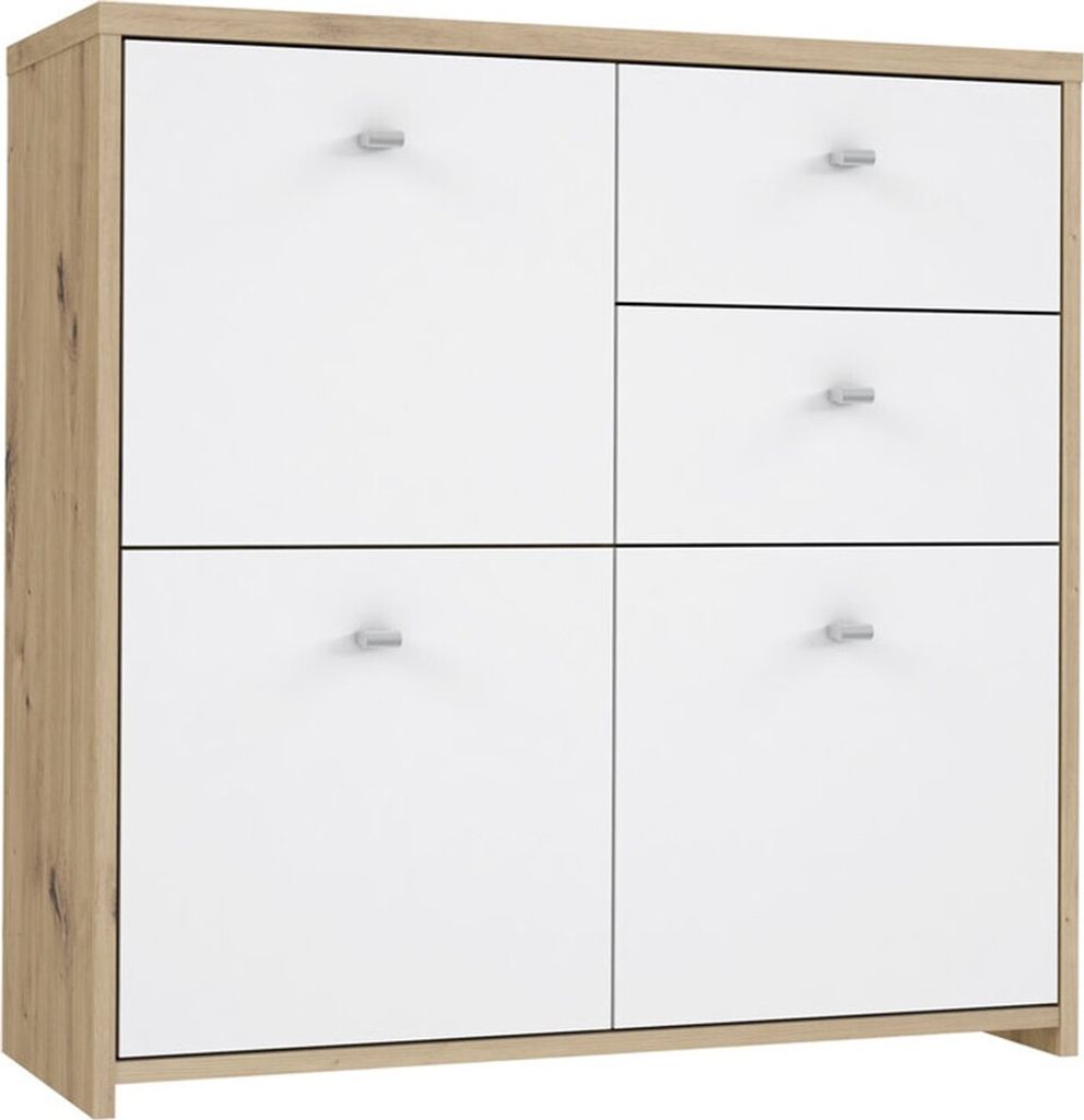 Furniture24 Kommode Best Chest SQNK223 Highboard 3 Türiger Wohnzimmerschrank Schubladenschrank 2 Schubladen Artisan Eiche Weiß