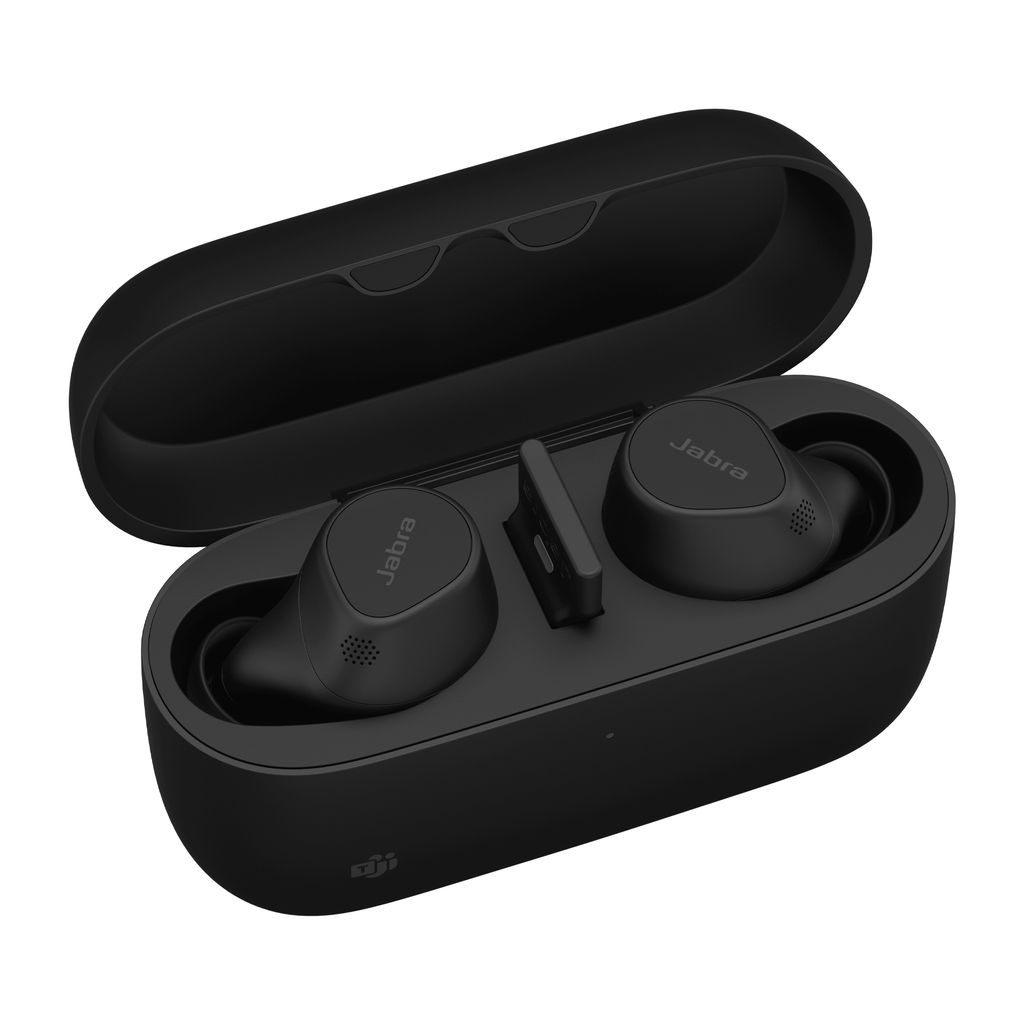 A pair of black Jabra true wireless earbuds in their charging case.