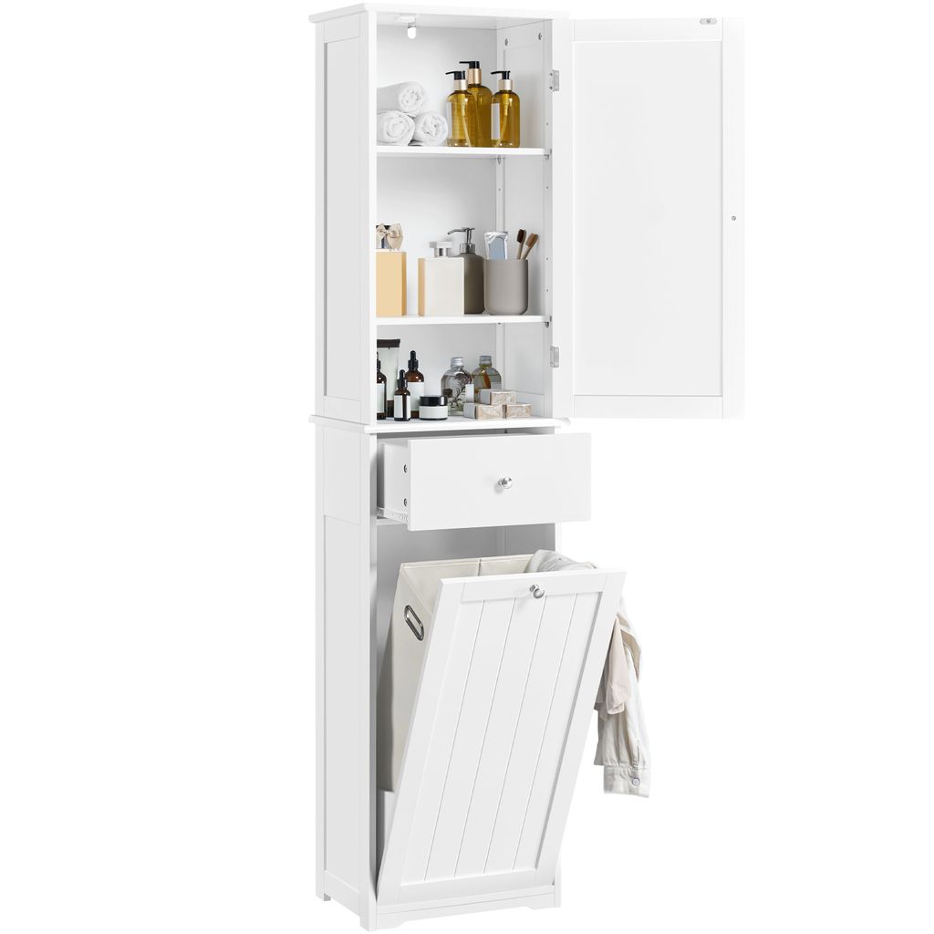 A white wooden bathroom cabinet with a closed door on the right and an open door on the left, revealing shelves with various items. Below the shelves is a drawer and a laundry basket with an open lid.