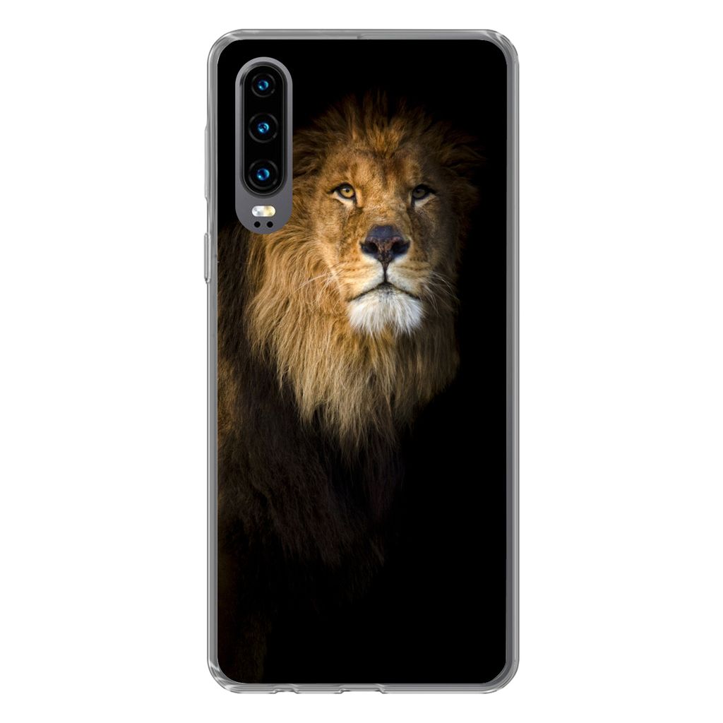 MuchoWow Handyhülle Schutzhülle Hülle für Huawei P30 Löwe - Licht - Schwarz - Porträt Silikon Softcase Handy Hülle - Kartenbesitzer