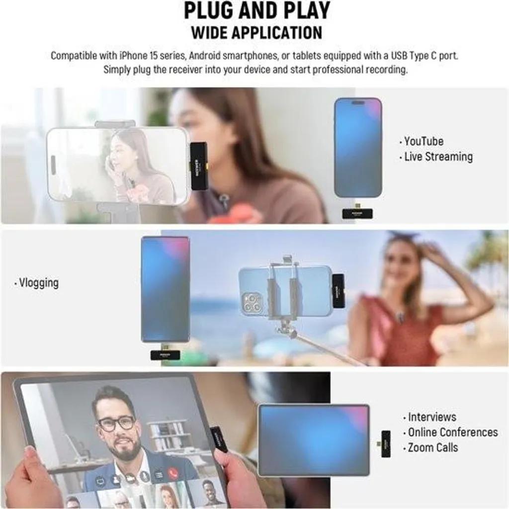 Microphone Lavalier sans fil USB-C pour iPhone 15 avec réduction bruit