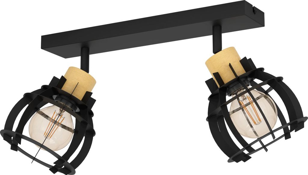 EGLO Deckenstrahler Stillington 1, Deckenlampe, schwenkbare Spots, Deckenleuchte Industrial Design in Schwarz und Holz in Natur, Deckenspot, E27