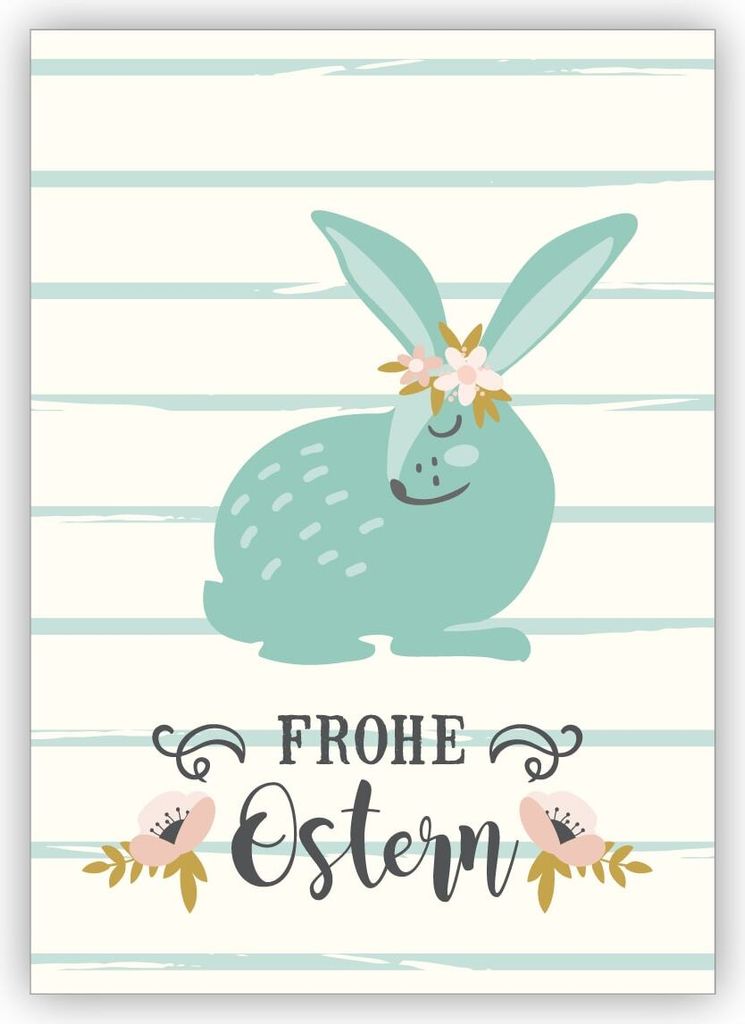 Süße hellblaue Vintage Osterkarte mit Blumen Osterhase auf Produktbild 